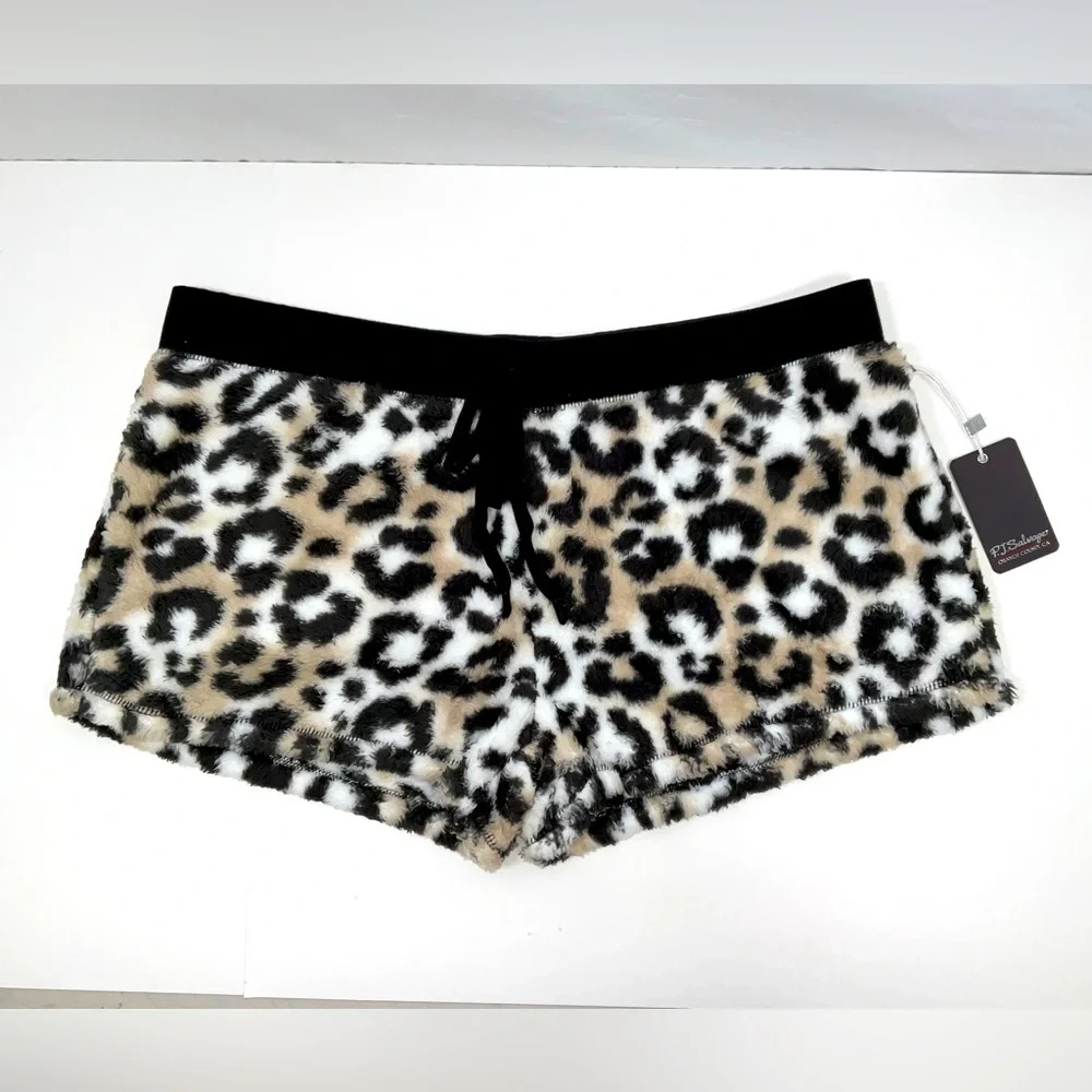 NWT Women P.J. Salvage Fluffy Faux Fur Fleece Leopard Pajama Sleeping Shorts XL